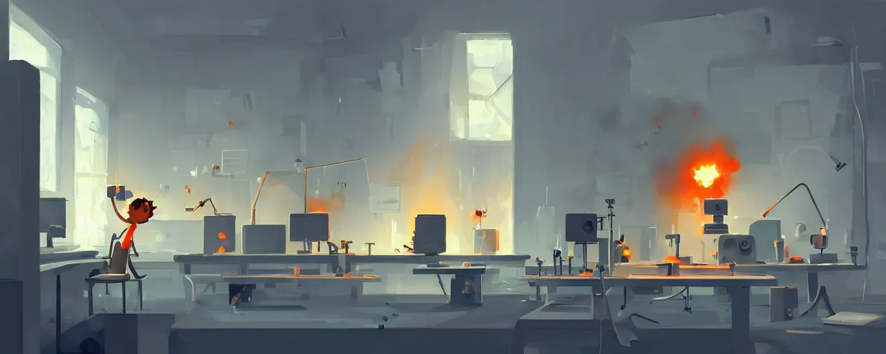 Prompt: goro fujita ilustration a science laboratory in a game dev studio office, explosion in the laboratory fire and smoke, painting by goro fujita, sharp focus, highly detailed, artstation