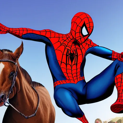 Prompt: spiderman riding a horse