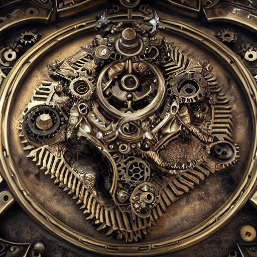 Prompt: A steampunk ornate made of engraved full plate armor and gears shaped in Styracosaurus head at the center, Macro shot by Justin Gerard, unreal engine, physically based rendering