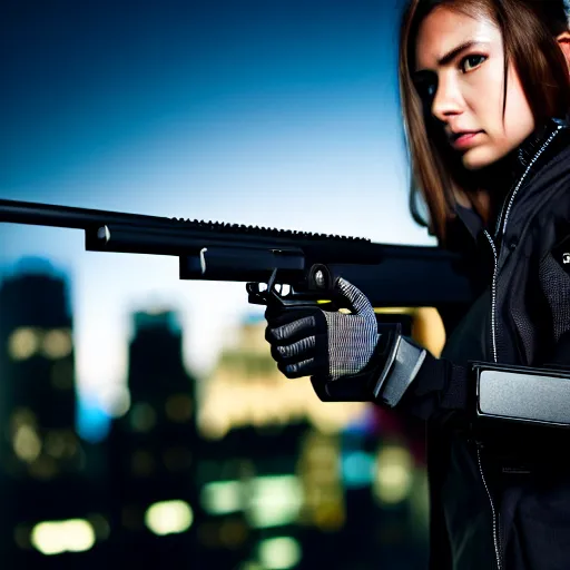 Image similar to photographic portrait of a techwear woman holding a shotgun, closeup, on the rooftop of a futuristic city at night, sigma 85mm f/1.4, 4k, depth of field, high resolution, 4k, 8k, hd, full color, Die Hard, movies with guns, movie firearms