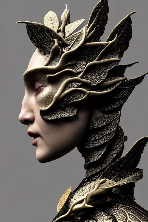 Prompt: close - up profile face, black background, beautiful young porcelain vegetal - dragon - cyborg - female, 1 5 0 mm, beautiful natural soft rim light, silver gold details, magnolia leaves and stems, roots, mandelbot fractal, elegant, hyper real, ultra detailed, white metallic armour, octane render, 1 6 k