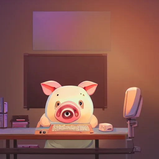 Prompt: a cartoonish cute anthropomorphic pig sitting on a gaming chair playing computer games, in a comfy house, warm lighting, magical atmosphere, trending on artstation, 30mm, by Noah Bradley trending on ArtStation, deviantart, high detail, stylized portrait