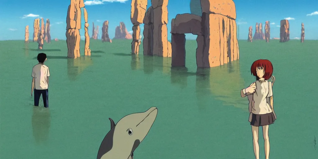 Image similar to a realistic cell - shaded studio ghibli concept art from paprika ( 2 0 0 6 ) of an anthropomorphic dolphin from close encounters of the third kind ( 1 9 7 7 ) in a flooded monument valley stonehenge. very dull colors, wide shot, hd, 4 k, hq