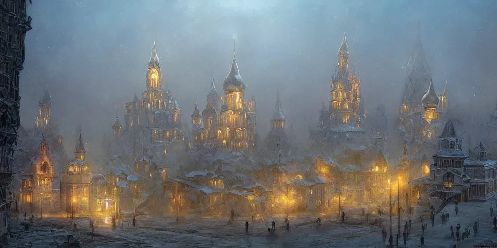 Image similar to Beautiful magical Old Rus city of Kitezh in mist, magic lights, strange buildings, oil painting, concept art, fantasy cityscape, art by Ted Nasmith and James Gurney, hyperborea, high resolution, trending on artstation