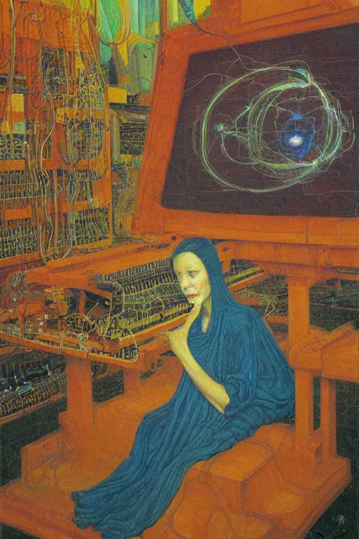 Prompt: realistic portrait of an engineer woman programming the samsara holy cluster, fine portrait, concept art, stunning, visionary, hyper realistic, detailed, by brecht evens, by jean delville, by francis bacon