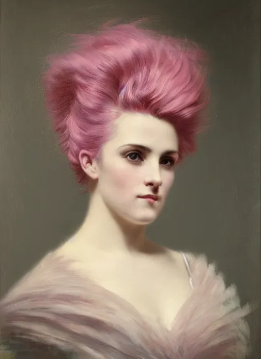 Prompt: a detailed portrait of woman with a mohawk by edouard bisson, year 1 9 0 0, pink hair, punk rock, looking at the camera, oil painting, muted colours, soft lighting