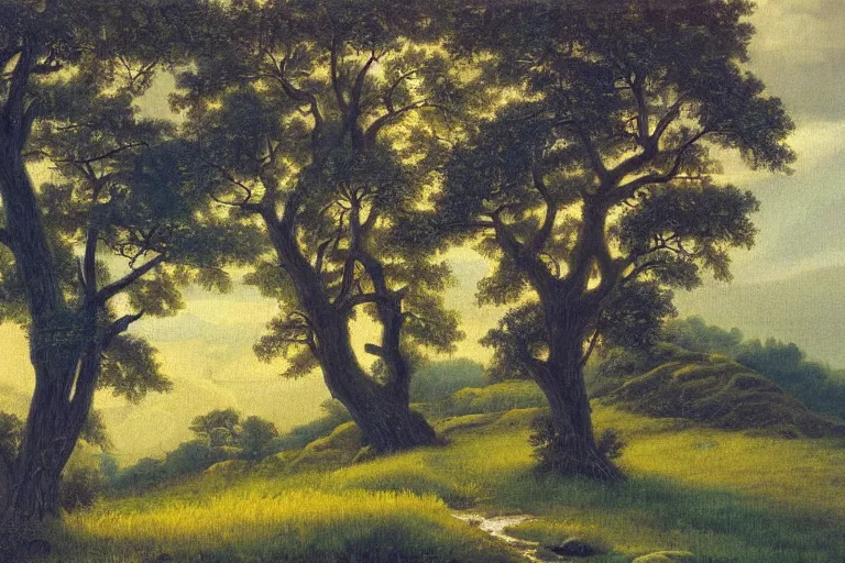 Image similar to masterpiece painting of oak trees on a hillside overlooking a creek, dramatic lighting, by lemoine fitzgerald