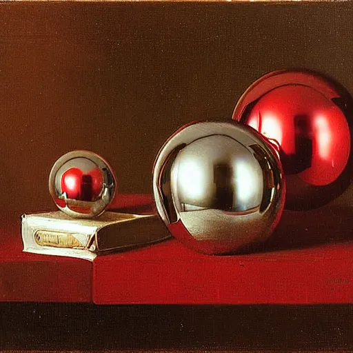 Prompt: chrome spheres on a red cube by gabriel metsu