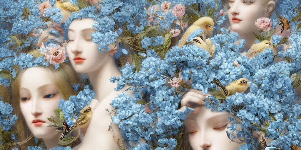 Image similar to breathtaking detailed concept art painting art deco pattern of blonde faces goddesses amalmation light - blue flowers with anxious piercing eyes and blend of flowers and birds, by hsiao - ron cheng and john james audubon, bizarre compositions, exquisite detail, extremely moody lighting, 8 k