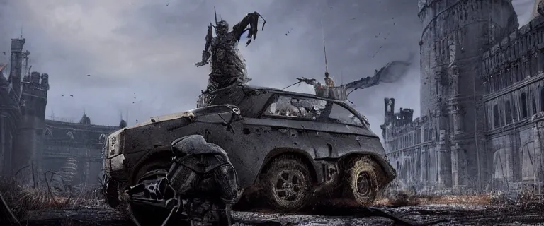 Image similar to Armored and Armed Military Audi 80 B3 Avant (1988) with a mounted M249 with soldiers on, Dark Souls 3, Eldritch Horrors, Wretched and Corrupted Knights, Heavy Battle, Fight, Car vs Knight, gunshots fired, a grim fantasy, Anor Londo, dramatic lighting, cinematic, establishing shot, extremely high detail, photorealistic, cinematic lighting, artstation, by simon stalenhag