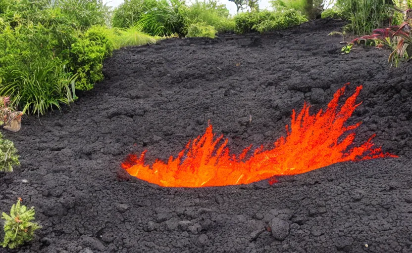 Image similar to miniature volcanic cone erupting with streams of lava in a suburban yard, ground level