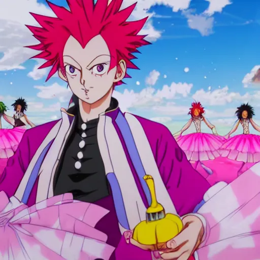 Image similar to hisoka from hunter x hunter wearing a pink tutu ballet dress with a shiny chrome banana in his hand while standing on a rainy beach with girls in colorfull bikini ‘ s in the back, anime style, 4 k, high detail,