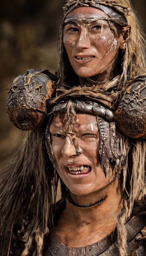 Image similar to sweated smiling beautiful ancient princess tribeswoman in fighting rage, partially destroyed armor inspired monster hunter, low shot camera, muscular, symmetrical face, clean face, subtle make up, debris and arrows flies around her, frozen time effect,dramatic lighting, cinematic, establishing shot, extremely high detail, photorealistic, 300 the movie,monster hunter the movie, dune the movie, cinematic lighting, artstation, octane render, western,old photo, vintage