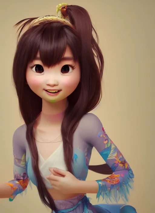 Image similar to a cute asian girl singing, flowing hair in the style of pixar animation, full body shot, viewed from bellow, award winning, hyper detailed, studio lighting, artstation, octane renderer, unreal engine