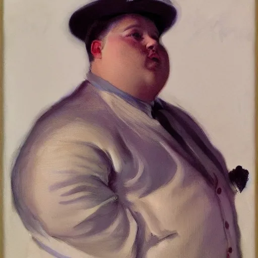 Image similar to highly detailed portrait of a grossly obese flamboyant man who is shaped like a pear artstation, 8 k, sfx, john singer sargent.