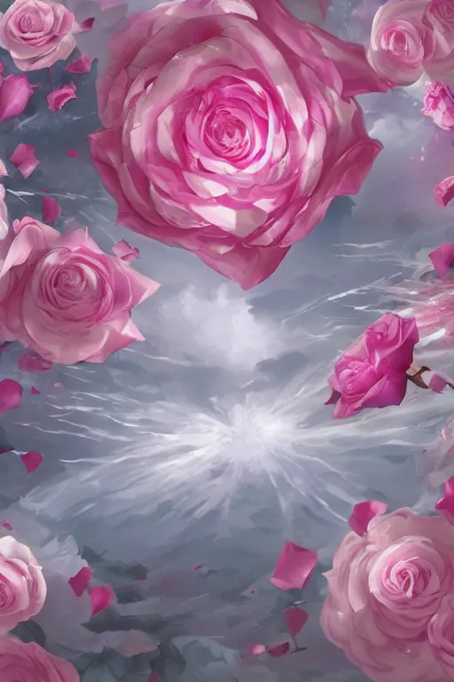 Image similar to background concept art magic invisible blades slicing through a bouquet of white and pink roses, flowers exploding and spraying, big puffy clouds, large rose petals, lotus petals, large polygonal background elements, large polygons, dramatic anime, dramatic lighting, artgerm, manga, trending on artstation, marco bucci, mature colors