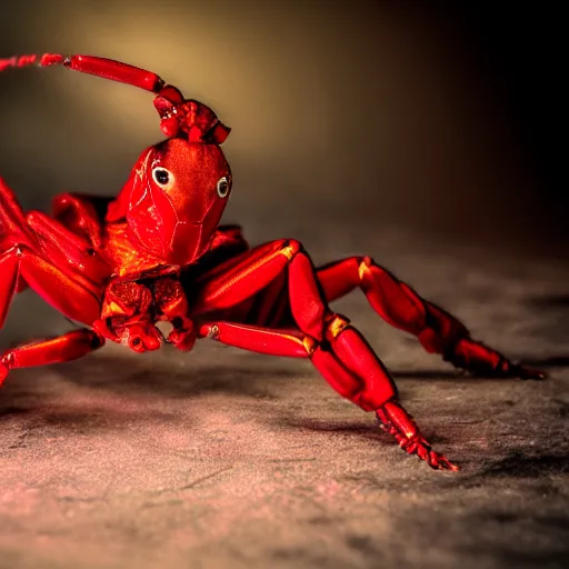 Image similar to closeup studio photograph of a red scorpion with a laser gatling gun, dramatic lighting, edited in photoshop