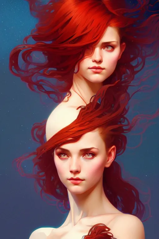 Image similar to a beautiful girl with fire hair, fantasy, portrait, sharp focus, intricate, elegant, digital painting, artstation, matte, highly detailed, concept art, illustration, ambient lighting, art by ilya kuvshinov, artgerm, Alphonse mucha, and Greg Rutkowski