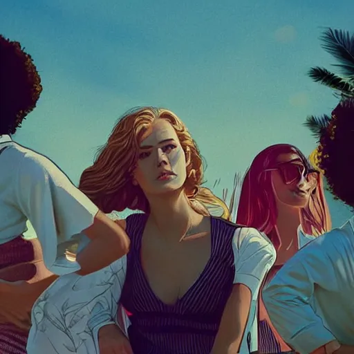 Image similar to girls in the sun, artstation, digital art, realistic, pretty, award wining, 80's, high detail, tarantino poster style, 4K, beautiful
