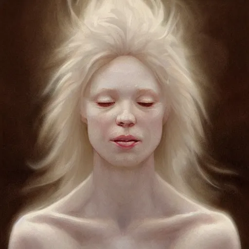 Prompt: A pregnant albino woman with closed eyes smiling, very detailed sharp angular masculine face, hooked nose and square jaw long fluffy curly blond hair, (12x) extremely pale white skin, light blond hair, gorgeous, beautiful, intricate, highly detailed, digital painting, artstation, concept art, sharp focus, illustration, art by greg rutkowski and alphonse mucha