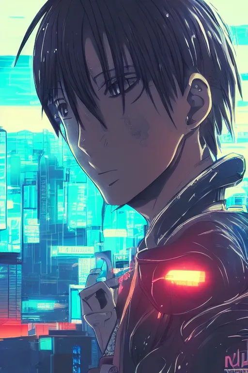 Prompt: beautiful anime man in a cyberpunk environment, sunset, very accurate and detailed, 8k