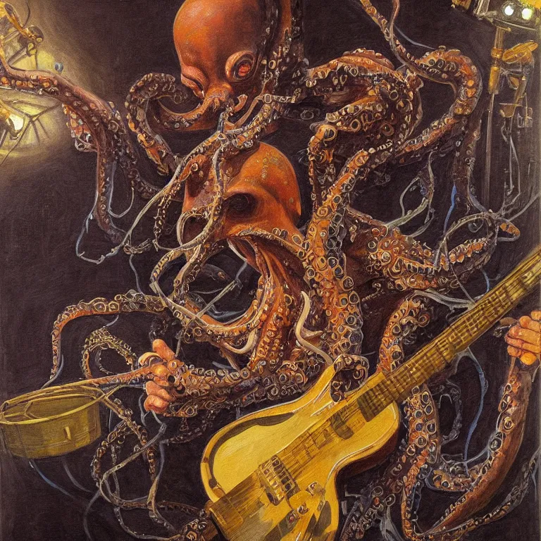 Prompt: a beautiful painting by donato giancola of an octopus playing drums and telecaster guitar in an electronic concert, dark background, concert light, dark mood, warm lights