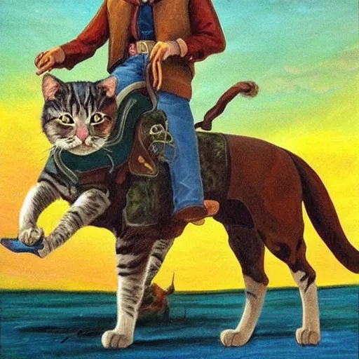 Prompt: a cowboy riding a giant cat, color, surreal