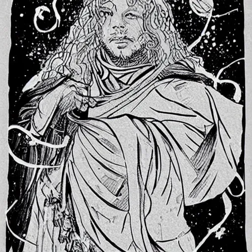 Image similar to black and white pen and ink!!!!!!! Leonardo Di Caprio handsome cosmic space robes flowing royal hair golden!!!! Vagabond!!!!!!!! floating magic swordsman!!!! glides through a beautiful!!!!!!! liquid magic floral crystal battlefield dramatic esoteric!!!!!! Long hair flowing dancing illustrated in high detail!!!!!!!! by Moebius and Hiroya Oku!!!!!!!!! graphic novel published on 2049 award winning!!!! full body portrait!!!!! action exposition manga panel black and white Shonen Jump issue by David Lynch eraserhead and beautiful line art Hirohiko Araki!! Rossetti, Millais, Mucha, Jojo's Bizzare Adventure