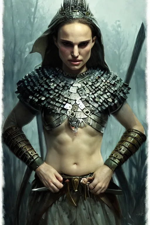 Image similar to natalie portman, legendary warrior, heroic, lord of the rings, tattoos, decorative ornaments, battle armor, by carl spitzweg, ismail inceoglu, vdragan bibin, hans thoma, greg rutkowski, alexandros pyromallis, perfect face, fine details, realistic shading photorealism