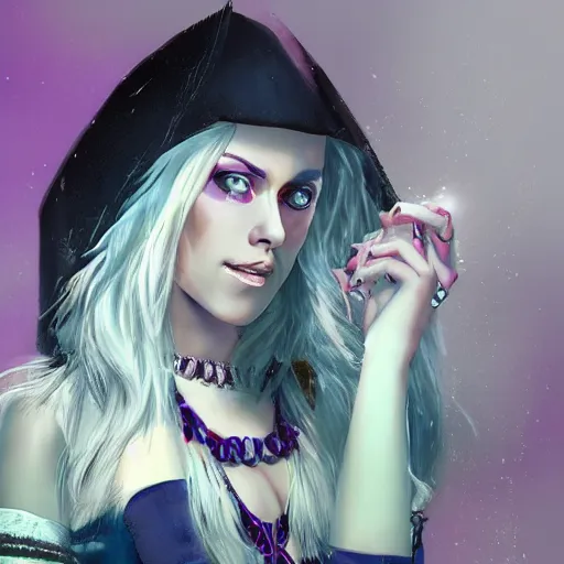 Prompt: Kristen Stewart as a Drow Elf wizard with white hair and purple skin. Photorealistic digital art trending on artstation, artgem.