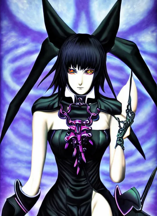 Image similar to shin megami tensei art of a demon called goth girlfriend, art by kazuma kaneko, demonic! compedium!, digital drawing, white background, very high quality, very highly detailed