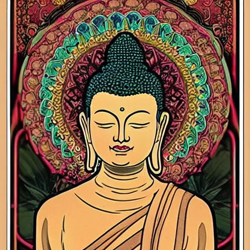 Image similar to buddha, mucha style,