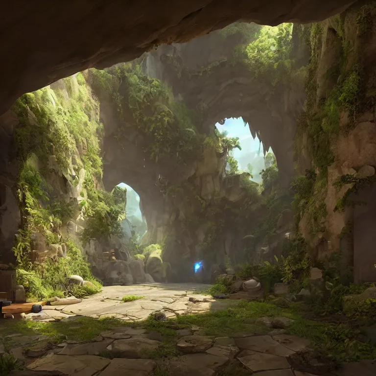 Prompt: secret overwatch arc hallway for living quarters carved inside a cave surrounding a lush garden, trimmed, magical, natural light, clean lines, cozy, fantasy, minimalist architecture, sharp focus, concept art, by greg rutkowski and craig mullins,, octane render 8 k