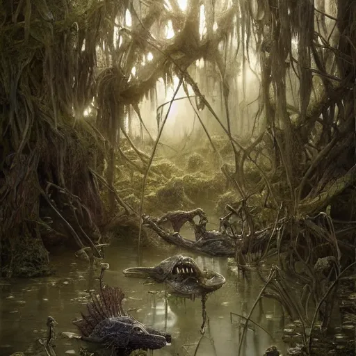 Image similar to rotten stem in the swamp at ddusk, ultra realistic, concept art, intricate details, eerie, highly detailed, photorealistic, octane render, 8 k, unreal engine. art by ed binkley and ellen jewett and artgerm and greg rutkowski and alphonse mucha