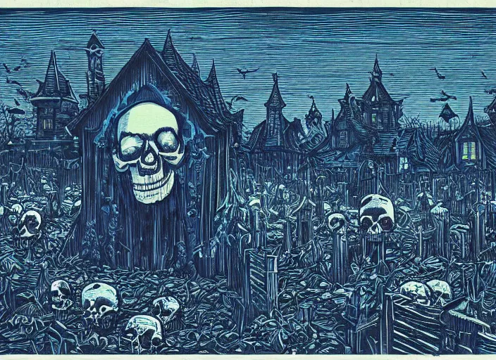 Prompt: blue woodcut print, cartoon halloween skull in graveyard at midnight by greg rutkowski, fine details, highly detailed