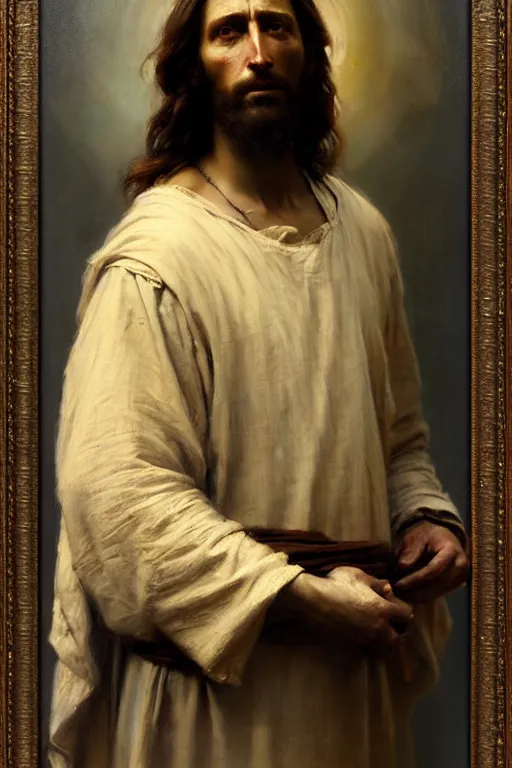 Image similar to photograph imax and solomon joseph solomon and richard schmid and jeremy lipking victorian loose genre loose painting full length portrait painting of jesus