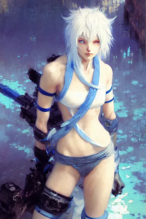 Prompt: white haired catgirl with bright blue eyes in sportswear portrait dnd, painting by gaston bussiere, craig mullins, greg rutkowski, yoji shinkawa