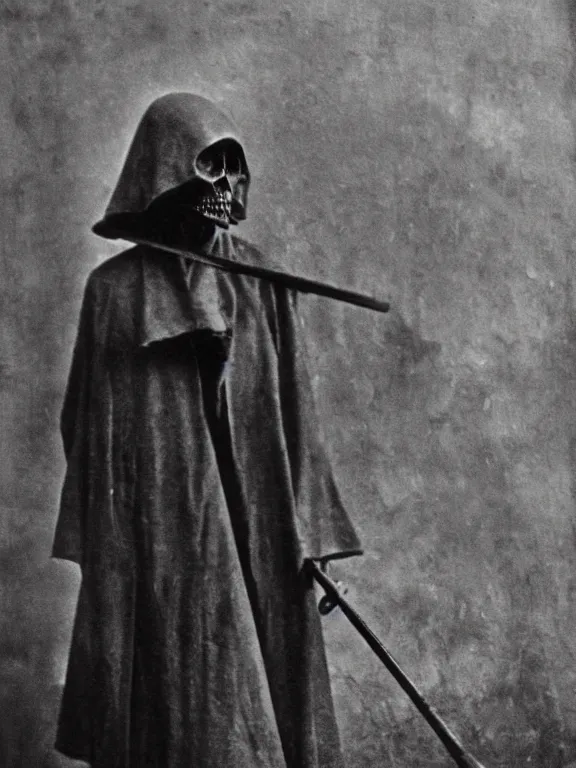 Image similar to photo of grim reaper, ww1 photo, grainy, high detail, high resolution,