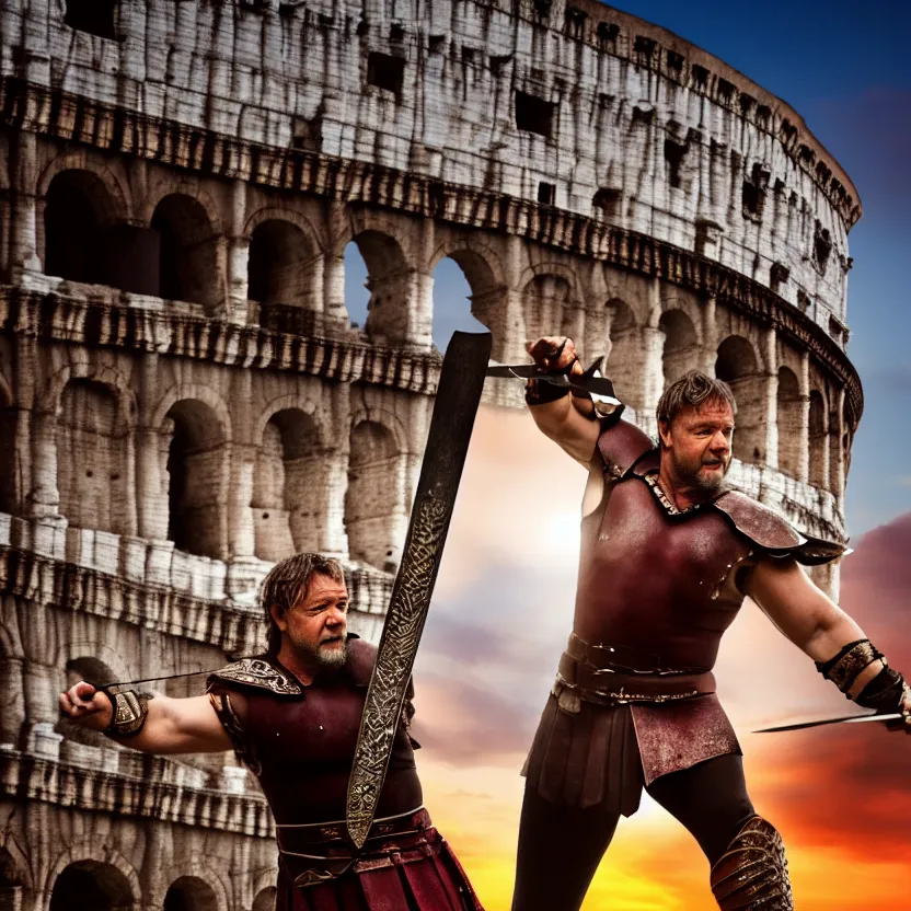 Image similar to russell crowe as a gladiator holding a sword, colosseum, sunset, cinematic lighting, volumetric lighting, award winning photography, highly detailed, intricate, sharp focus, 4 k wallpaper, unreal engine, 9 0 mm, f / 1. 4