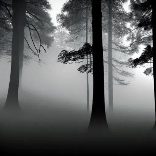 Image similar to shadow people in forest, staring at camera glowing white eyes, hyperrealistic, 8k, extremely detailed, black and white, foggy, grainy, very old