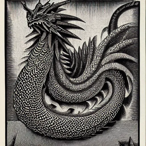 Prompt: woodcut of a vintage photo of a fractal dragon by escher, by piranesi