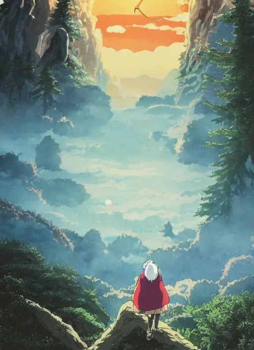 Image similar to the flim poster of a magical place around mountains and river, white spirit flying around the sky, miyazaki's animated film, ghibli studio, princess mononoke, 4 k, highly detailed, horizon view, cinematic composition, hyperdetailed,