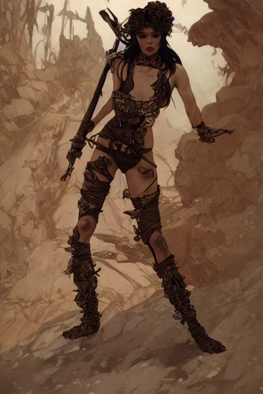 Prompt: a full body portrait of a beautiful post apocalyptic offworld desert savage rogue in ballet pose by the emerald oasis pools, intricate, elegant, highly detailed, digital painting, artstation, concept art, smooth, sharp focus, illustration, art by krenz cushart and artem demura and alphonse mucha