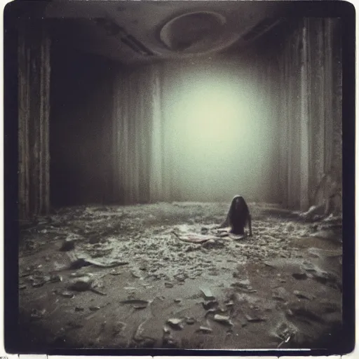 Image similar to polaroid by andrei tarkovsky and stephen gammell, surreal vogue photo shoot inside ruined theater, rim light, shot at night with studio lights, liminal space, photorealistic, high definition, technicolor, award - winning photography, masterpiece, amazing colors,