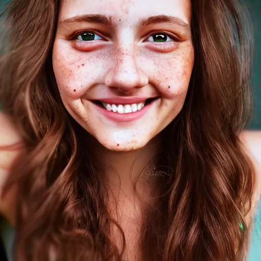 Image similar to beautiful hyperrealism hyperdetailed selfie of a cute young woman smiling softly, long light bronze brown hair, flushed face, red blush, light freckles, soft features, emerald green eyes, 8 k, sharp focus,