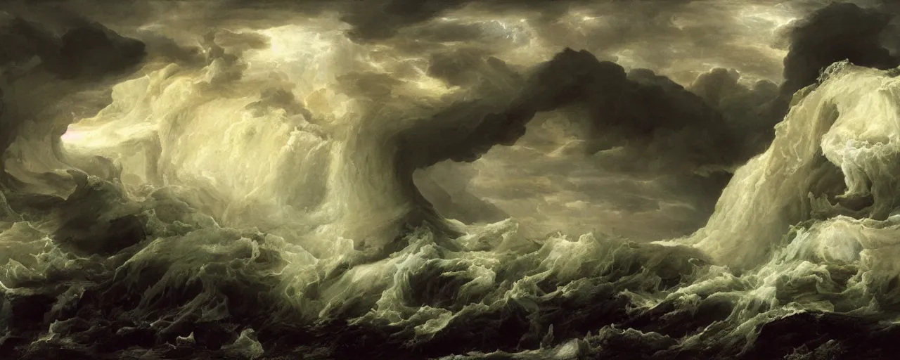 Prompt: hyperrealism, army of melting monster in epic storm, soft light, in style of classicism