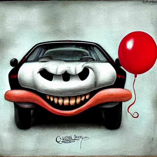 Image similar to grunge painting of a car with a wide smile and a red balloon by chris leib, loony toons style, pennywise style, corpse bride style, horror theme, detailed, elegant, intricate