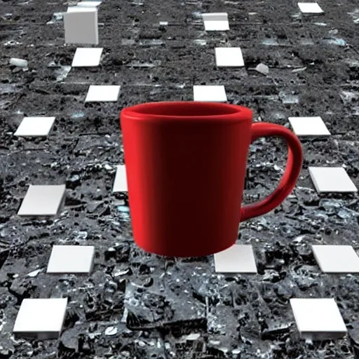 Image similar to a realistic photo of a mug being smashed on the ground breaking into multiple pixel - like cubes.