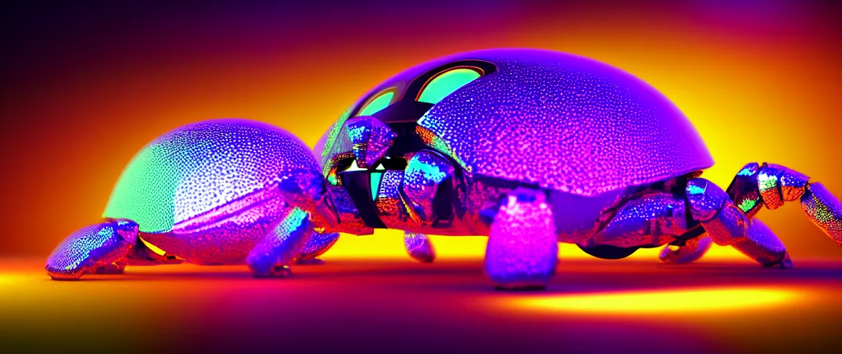 Image similar to hyperrealistic 3d render glowing holographic cyborg scarab! jeweled gorgeous! dramatic purple neon lighting vray high quality low angle hd 8k sharp shallow depth of field