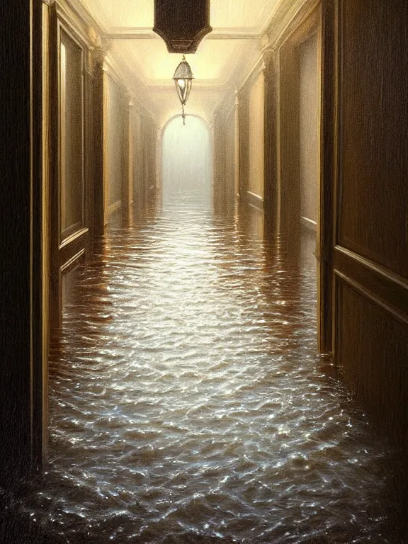 Image similar to A beautiful digital painting of a unending hallway spooky flooding by Mark Keathley, Iblard Jikan, Steven Belledin, Martin Johnson Heade, Lee Madgwick, and Caspar David Friedrichl 8k artstation